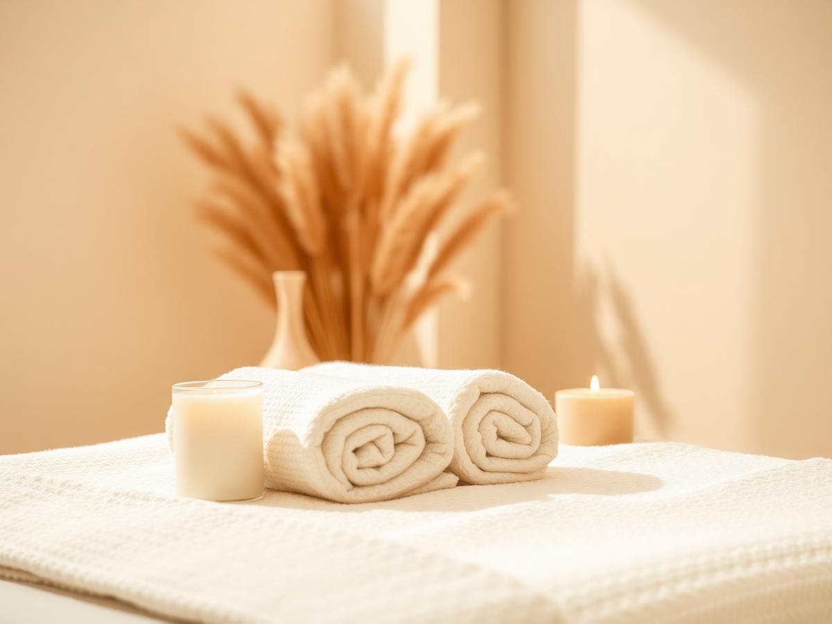 Calm treatment room with rolled towels and a lit candle
